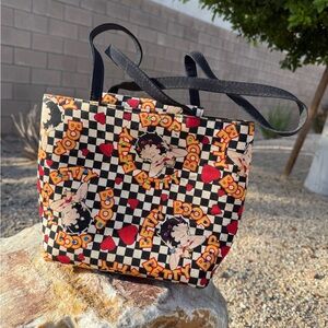 Playful Checkered Tote with Cartoon Design